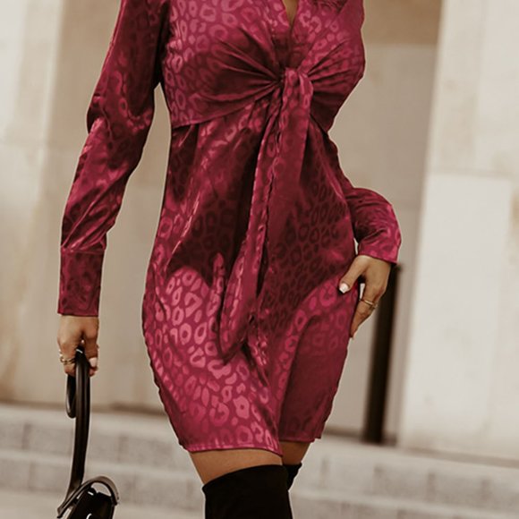 HOST PICK Red Burgundy Leopard Animal Pattern Tie Knot Satin Mini Dress Tunic L - Picture 7 of 11